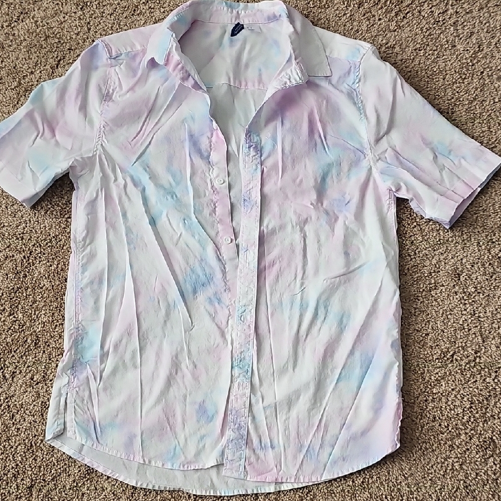 Pink and Blue Casual Button Down Shirt with Watercolor Pattern